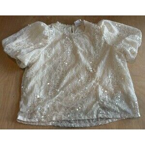 Dee Dee Sequin Blouse Women’s Large Puffed Sleeves Beaded Neck